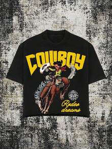 (220 Cotton T-Shirt)Men's Y2K Western T - Shirt - "COWBOY Rodeo Dreams" Graphic, Loose Casual Tee - màu đen - Xem 1