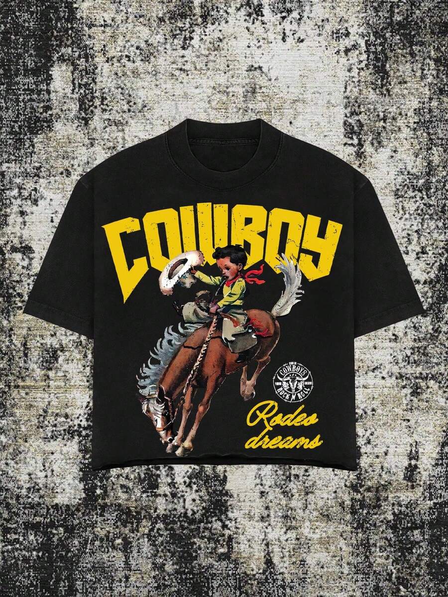 (220 Cotton T-Shirt)Men's Y2K Western T - Shirt - "COWBOY Rodeo Dreams" Graphic, Loose Casual Tee - màu đen - Xem 1