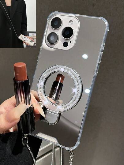 Minimalist Chic Ins Style Magnetic Bling Mirror Phone Case With Chain