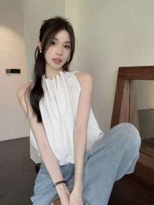 Áo tank top nữ cổ tròn, dáng rộng, thắt dây rút, màu trắng, kiểu dáng thường ngày, thích hợp cho mùa hè. - trắng - Xem 3