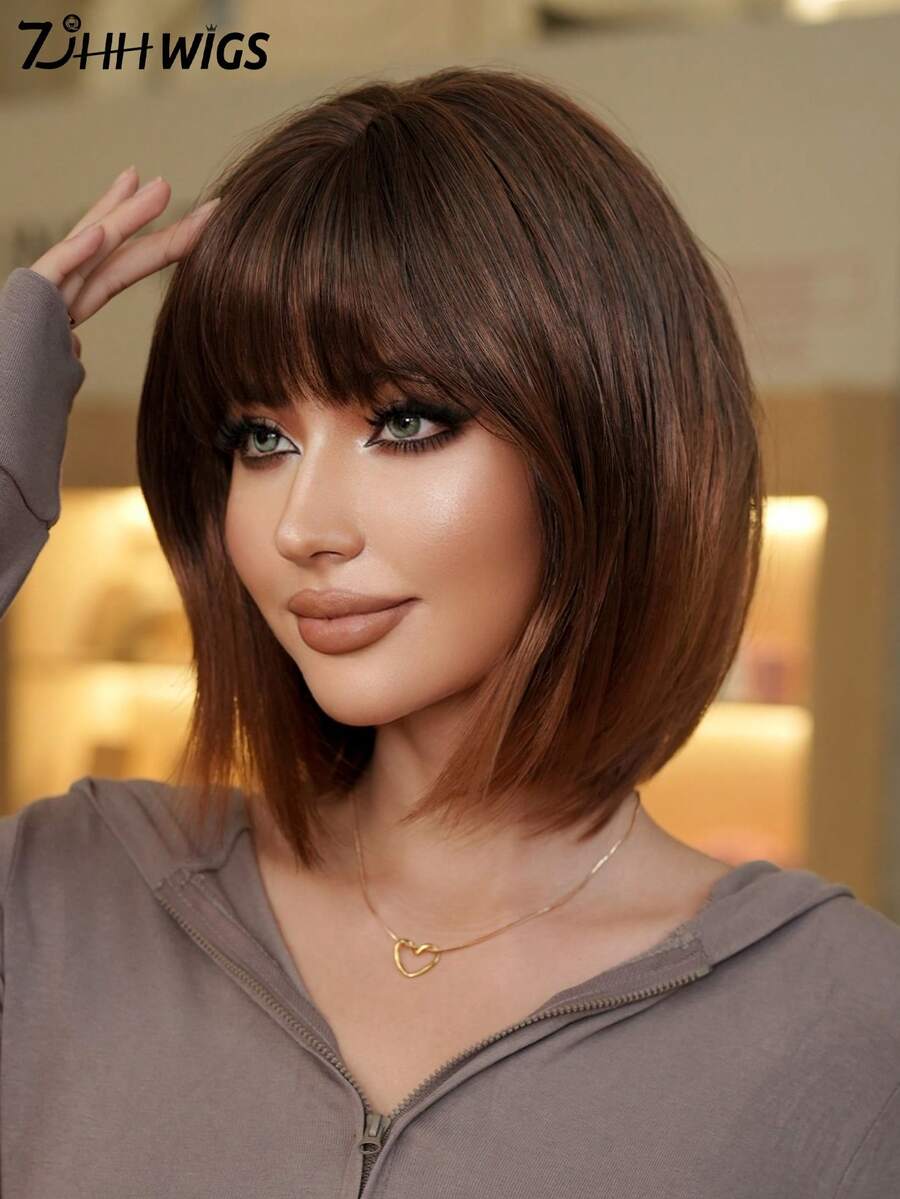 7JHH WIGS 女士短款渐变棕色层次感波波头假发，短直发带刘海，深色发根，全机织耐热合成假发，适合日常派对、音乐节庆典和角色扮演等场合佩戴，12英寸