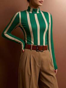 女士秋冬高领条纹T恤衫，休闲日常穿着（JH25167） - 綠色 - 查看 4