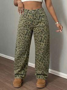 Women Spring Summer Casual Old Money Leopard Print Wide Leg Jeans Loose Pants - 棕色 - 查看 4