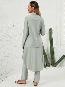 VFJ Women's Casual Crew Neck High-Waisted Burkini Three Pieces Set, Full-Coverage Hooded Swimwear. - Grey - View 4