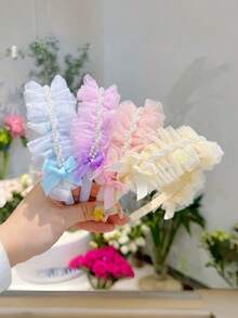 1件多功能珍珠皇冠、心形蝴蝶结发箍、蕾丝花朵可爱卡通发夹配饰，适合女孩 - 粉色 - 查看 1