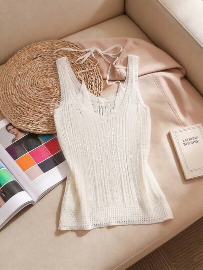 Women's Stylish Casual Elegant Solid-Color Design Round Neck Faux Two Pieces Layering Knit, Halter-Style Straps Slim Fit And Cutout Details-A Versatile Piece Perfect For Beach Vacations Top, Spring Summer