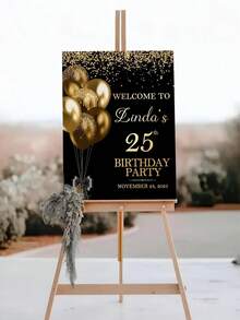 1 pièce affiche d'anniversaire personnalisée style noir et or, logo d'anniversaire personnalisé noir et or, affiche sur canevas sans cadre personnalisée - Personnalisable avec nom, date et âge - Décoration murale élégante avec ballons scintillants et rubans - Décoration de fête de luxe en PVC - Multicolore - Voir 6