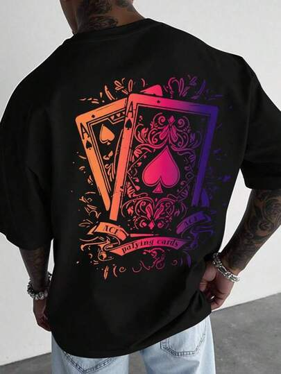 Graphic Tees Women  Men's Casual Card Print Short Sleeve T-Shirt, Summer Men's Summer Casual 180g Pure Cotton T-Shirt Patterned Printed Short Sleeved Top T-Shirt