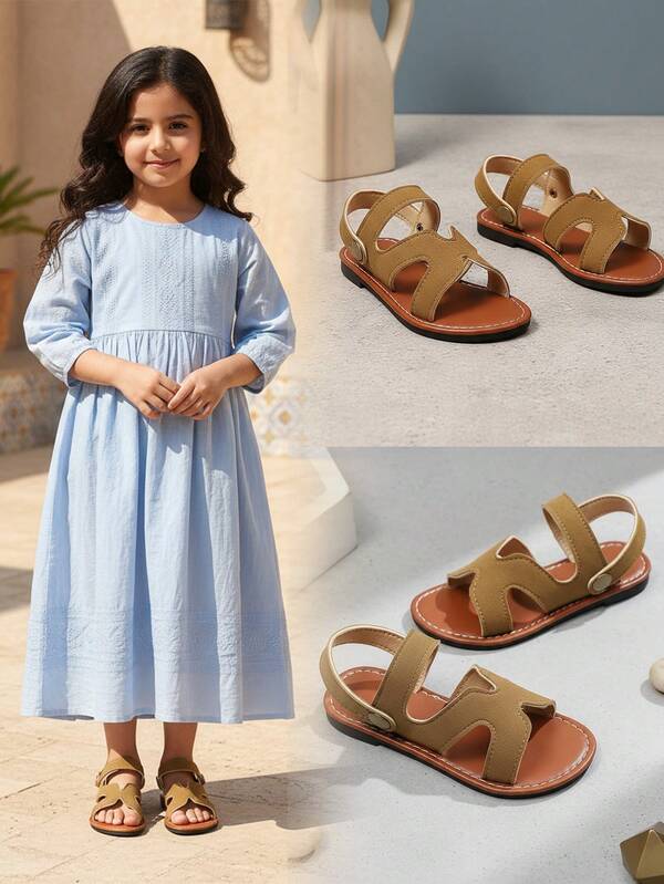 1 Pair Brown Roman Flat Sandals, Solid Color Soft Leather Strap, Adjustable Heel Design For Two-Way Wear, Round Toe Open Toe Slip-On Casual Flat Sandals, Suitable For Boys & Girls Aged 3-15, Indoor Daily Gathering Leisure Outdoor Wear, Spring/Summer New