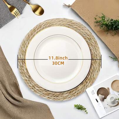 EZIFY 30-Piece Round Natural Woven Tableware Set, 11.8-Inch Round Rattan Placemats, Natural Hand-Woven Daffodil Pattern Placemats, Rustic Style Woven Tablecloth, Rustic Coarse-Woven Rattan Mat, Suitable For Restaurants, Homes, And Weddings.