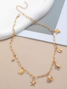 1件时尚ZA吊坠项链，复古波西米亚海滩风，饰有海星、贝壳、海龟和多吊坠设计，多层颈链，派对/节日礼物，百搭配饰 - 彩色 - 查看 4