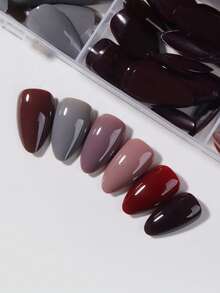 180片（6种混合色）亮面短款杏仁形亚克力美甲贴片，棕色、酒红色、灰色可选，完美贴合短指甲，酒红色美甲贴片让您的指尖闪耀动人光泽，包含：1片果冻胶和1把指甲锉，适合派对、舞蹈和日常美甲使用。 - 查看 2