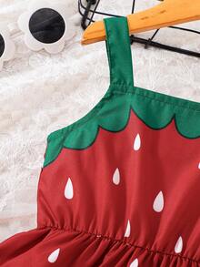 2件套女童红色草莓印花连衣裙配迷你斜挎包，春夏款 - 紅色 - 查看 5