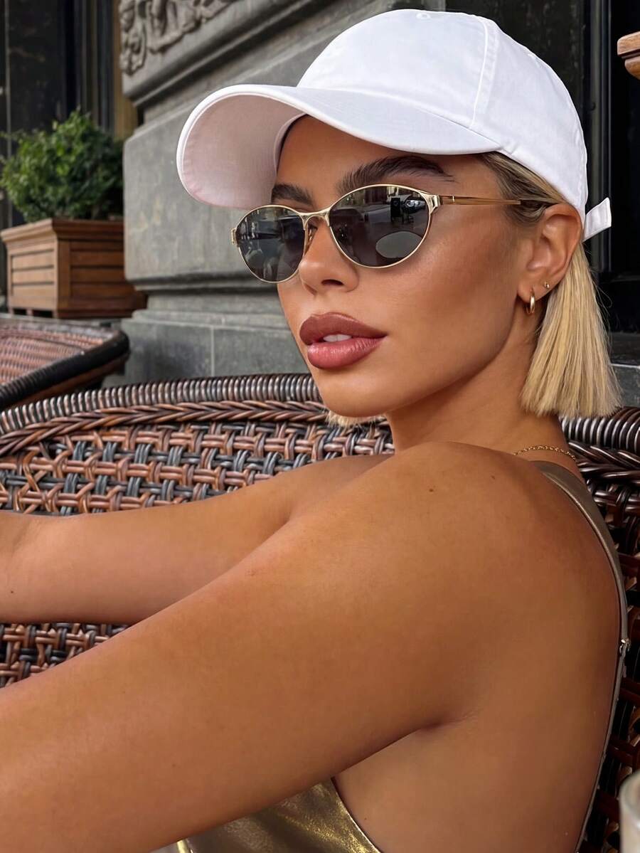 个性街头风猫眼框金属时尚眼镜，塑料材质，休闲装饰日常佩戴，男女皆宜 - 金色 - 查看 1