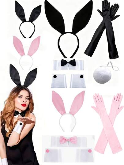 6pcs Black/Pink Rabbit Costume, Easter Decorations, Vintage Outfit, Rabbit Ear Headband, Cuff And Tail Accessories, Party Supplies, Bunny Girl Costume, Suitable For Easter Party, Rabbit Themed Events, Other Party Decorations