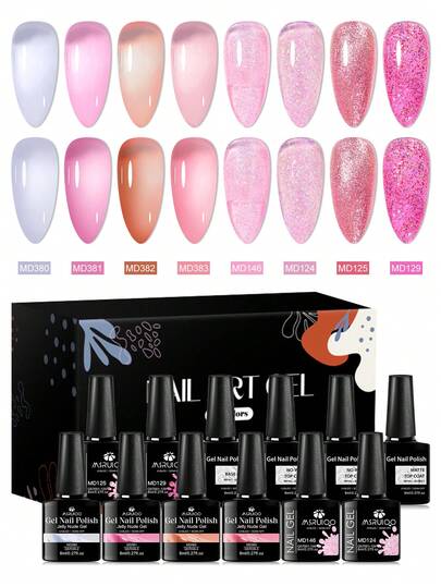 MSRUIOO 12pcs Autumn Popular Pink Series Gel Nail Polish Set, Includes Base Coat, Top Coat, Semi-Permanent Removable UV/LED Light Therapy Nail Polish, Glitter, Metallic Flakes Decoration, DIY Nail Art Design