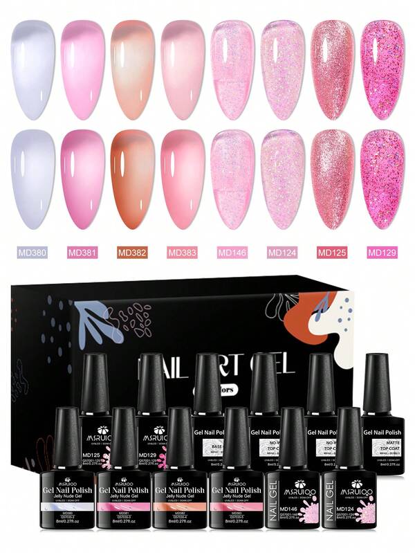 MSRUIOO 12pcs Set Kutek Gel Seri Pink Populer Musim Gugur, Termasuk Base Coat, Top Coat, Kutek Semi Permanen yang Dapat Dilepas dengan Terapi Cahaya UV/LED, Glitter, Dekorasi Serpihan Metalik, Desain Seni Kuku DIY