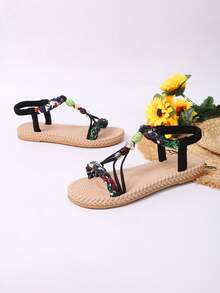 Sandal đế bằng nữ mùa hè mới, mũi tròn, đính hạt thủ công, phong cách Bohemian, đa năng, thoải mái, thích hợp cho kỳ nghỉ. - màu đen - Xem 3