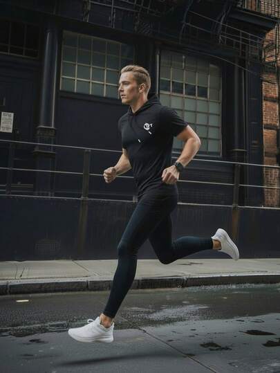 Men's Summer Fashion Dumbbell Print Hooded Short Sleeve T-Shirt, Breathable, Comfortable Knit Fabric, Suitable For Running, Hiking, Sports And Outdoor Fitness