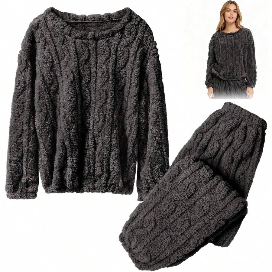 Conjunto de pijama de franela, ropa de dormir suave y afelpada, pijamas de manga larga gruesos, elásticos y antiestáticos para mantenerte caliente en invierno - Albaricoque - Ver 1