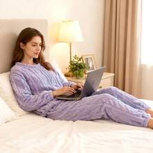 Conjunto de pijama de franela, ropa de dormir suave y afelpada, pijamas de manga larga gruesos, elásticos y antiestáticos para mantenerte caliente en invierno - Albaricoque - Ver 4