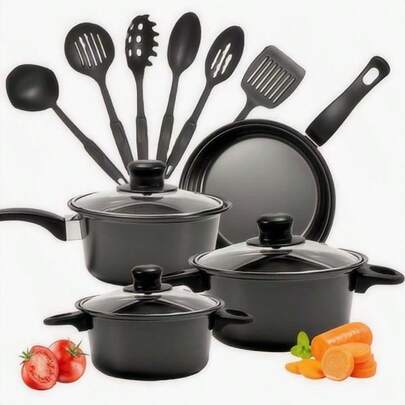 Black 13 Piece Kitchenware Set Pots & Spoons Set Non-Stick Cookware Set Induction Cooker Pot Nonstick Cooking Set Outdoor Camping Set Including Frying Pan, Milk Cooker, Soup Pot 2 6 Pieces Kitchenware