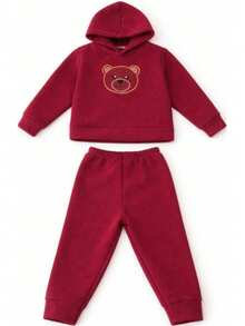 Baby Loop Set - Long-Sleeved Embroidered Fleece-Lined Blouse And Pants With Hood, Sizes P To 3 Years, Girls/Boys - 酒紅色 - 查看 1