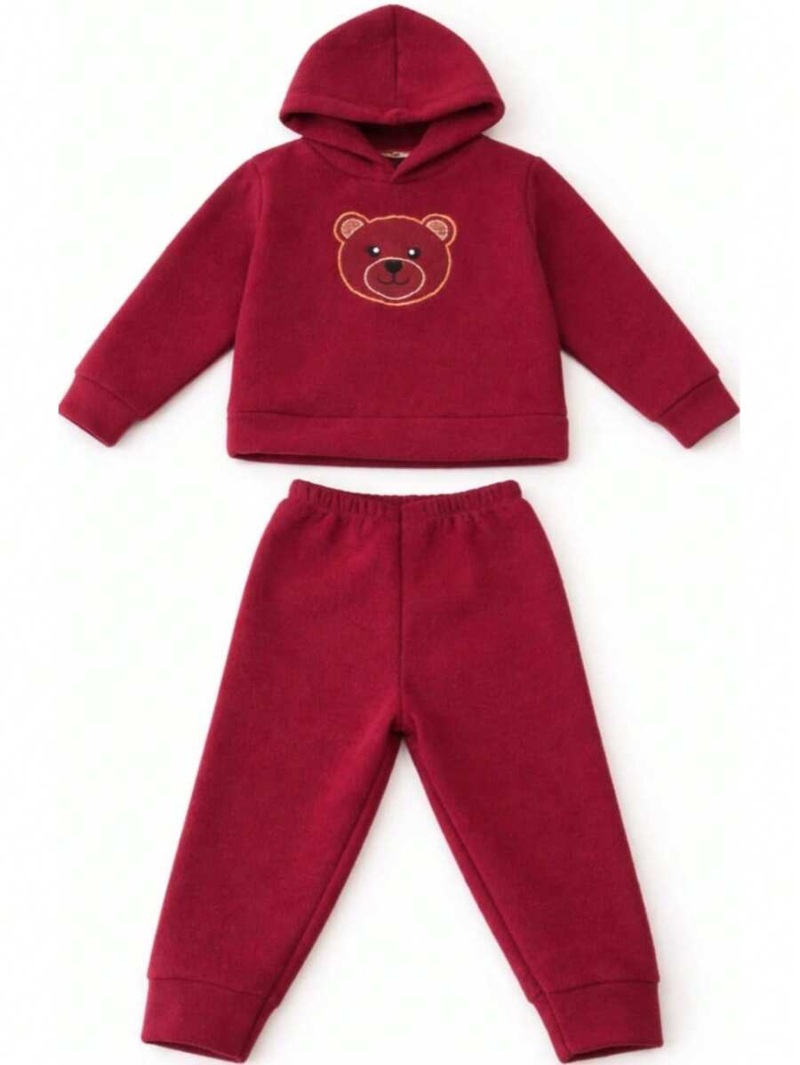 Baby Loop Set - Long-Sleeved Embroidered Fleece-Lined Blouse And Pants With Hood, Sizes P To 3 Years, Girls/Boys - 酒紅色 - 查看 1