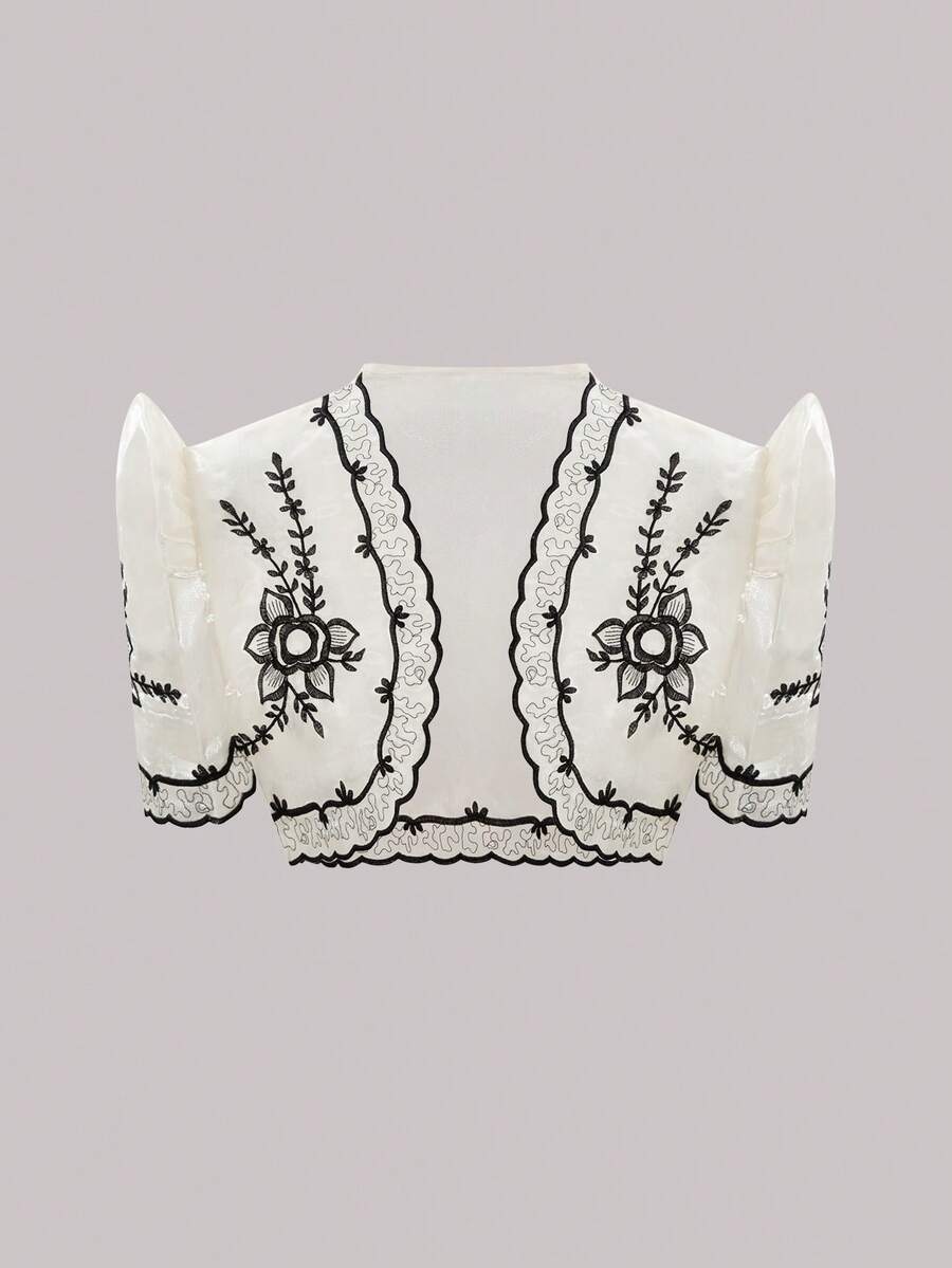 Chaqueta de punto con cuello redondo, mangas abullonadas, volantes y estampado floral en color champán, estilo moderno filipiniano para mujer, para fiestas de primavera/verano y bodas - Champán - Ver 1