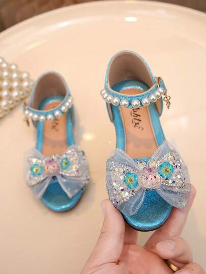 Sandalias planas con lazo, perlas y diamantes de color para niñas pequeñas, zapatos de princesa