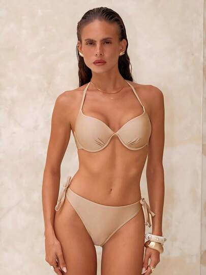 女士时尚纯色连体棉质休闲露背系带挂脖泳衣，适合舞台表演、音乐会、晚宴约会、海滩等场合。