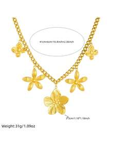 1件装奢华优雅镀金不锈钢五瓣花吊坠项链，配粗链，适合日常佩戴 - 金黃色 - 查看 6