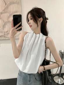 Áo tank top nữ cổ tròn, dáng rộng, thắt dây rút, màu trắng, kiểu dáng thường ngày, thích hợp cho mùa hè. - trắng - Xem 4