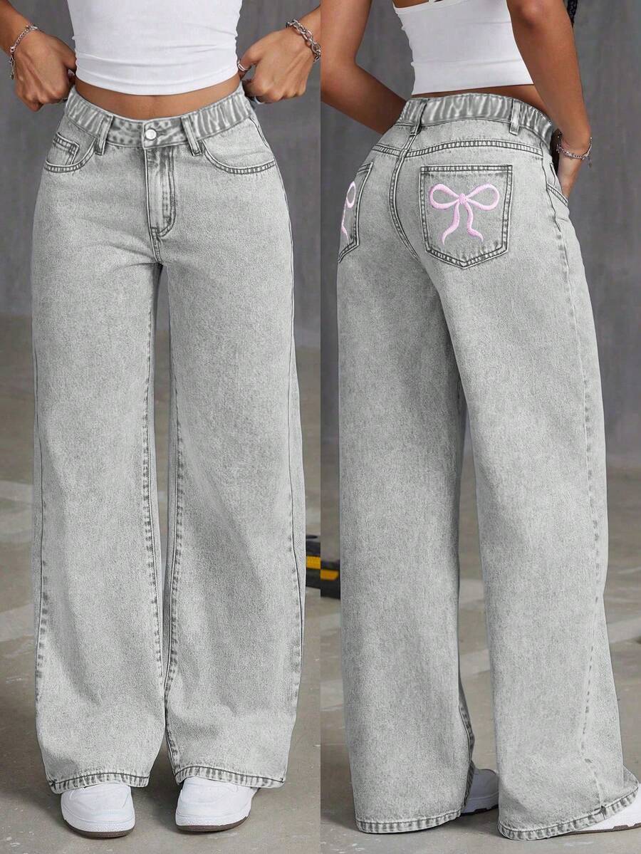 Jeans de mezclilla desgastados y oversize con bordado de mariposa para niñas preadolescentes, pantalones rectos de pierna ancha y de ajuste holgado - Gris - Ver 1