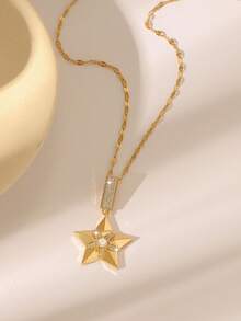 女士奢华闪耀圆盘/旭日/3D五角星吊坠项链，高光泽镀金锆石链，通勤和约会皆宜，金色首饰 - 金色 - 查看 5