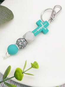 New Cross Silicone Bead Keychain Cross Charm Bracelet Style Keyring For Women Men Teens Daily Use Gift Limit One Per Order - Mint Blue - View 7