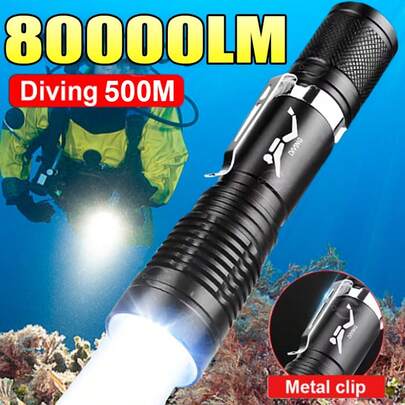 80000LM Linterna sumergible LED - Lámpara submarina profesional IPX8 - Luz táctica recargable impermeable y portátil - Para exteriores, campamento, natación, viaje, pesca, caza, bicicleta