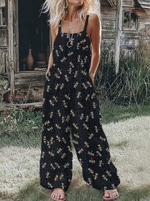 2026 Women's New Arrival Black & Beige Dragonfly Print Spaghetti Strap Wide Leg Elastic Waist Bohemian Casual Jumpsuit - 黑色 - 查看 2