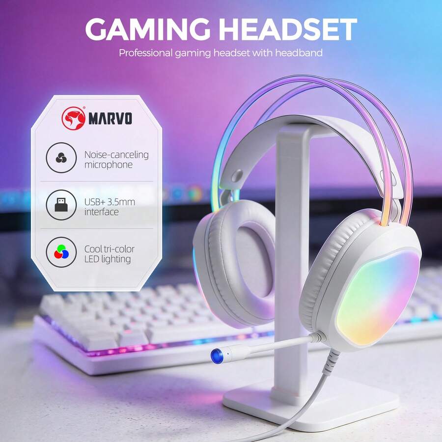 MARVO Over-Ear Gaming Headset - RGB Illuminated Earcups And Headband, Wired USB + 3.5mm Dual Plugs, 50mm Drivers, Dual Headband PU Ear Pads, External Microphone With Blue Light, Omnidirectional Microphone, Earcup Volume Control, Suitable For Gaming/Office/Study. - 白色 - 查看 1