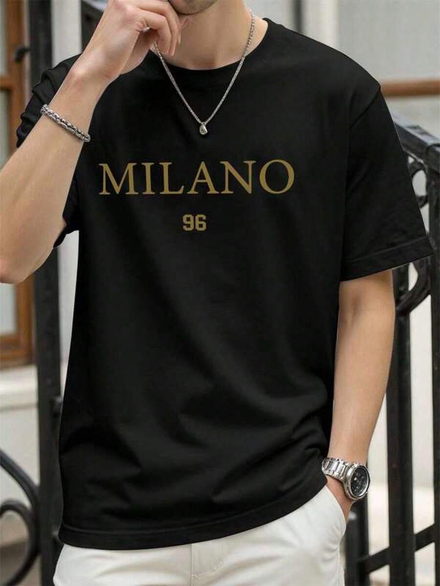 Graphic Tees Women Manfinity Homme Men's Letter Print Round Neck Casual Loose T-Shirt Men's Summer Casual 180g Pure Cotton T-Shirt Patterned Printed Short Sleeved Top T-Shirt - Black - View 1