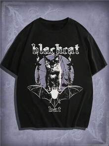 Graphic Tees Women ROMWE MEN Goth Men Cotton Cat & Letter Graphic Tee, School Men's Summer Casual 180g Pure Cotton T-Shirt Patterned Printed Short Sleeved Top T-Shirt - Black - View 1