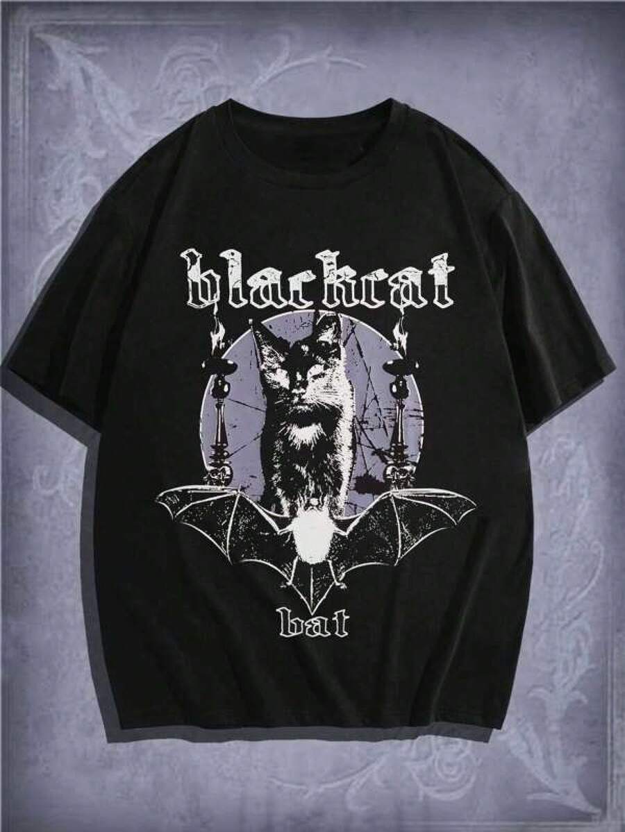 Graphic Tees Women ROMWE MEN Goth Men Cotton Cat & Letter Graphic Tee, School Men's Summer Casual 180g Pure Cotton T-Shirt Patterned Printed Short Sleeved Top T-Shirt - Black - View 1