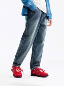 Annil [Advanced Technology Heat-Resistant Jeans] Girls' Full-Armlet Denim Overalls Thick Pants Winter New Style - Dark Blue Jeans - View 2