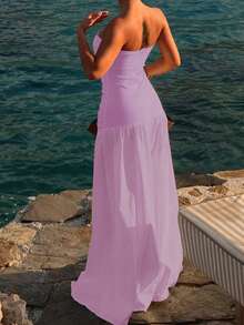 性感休闲无肩带镂空A字度假连衣裙，春夏优雅 - 紫色 - 查看 5