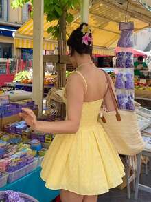 Doriss刺绣镂空收腰V领A字吊带连衣裙，适合舞会、节日、假日、晚宴、情人节、新年、优雅女士、海滩、感恩节、毕业典礼、音乐会等场合，夏季女装 - 黃色 - 查看 3