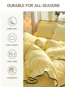 黑色荷叶边公主风柔软舒适床上用品套装（1个被套+2个枕套），适用于卧室、客房，是馈赠佳品。 - 黃色 - 查看 9