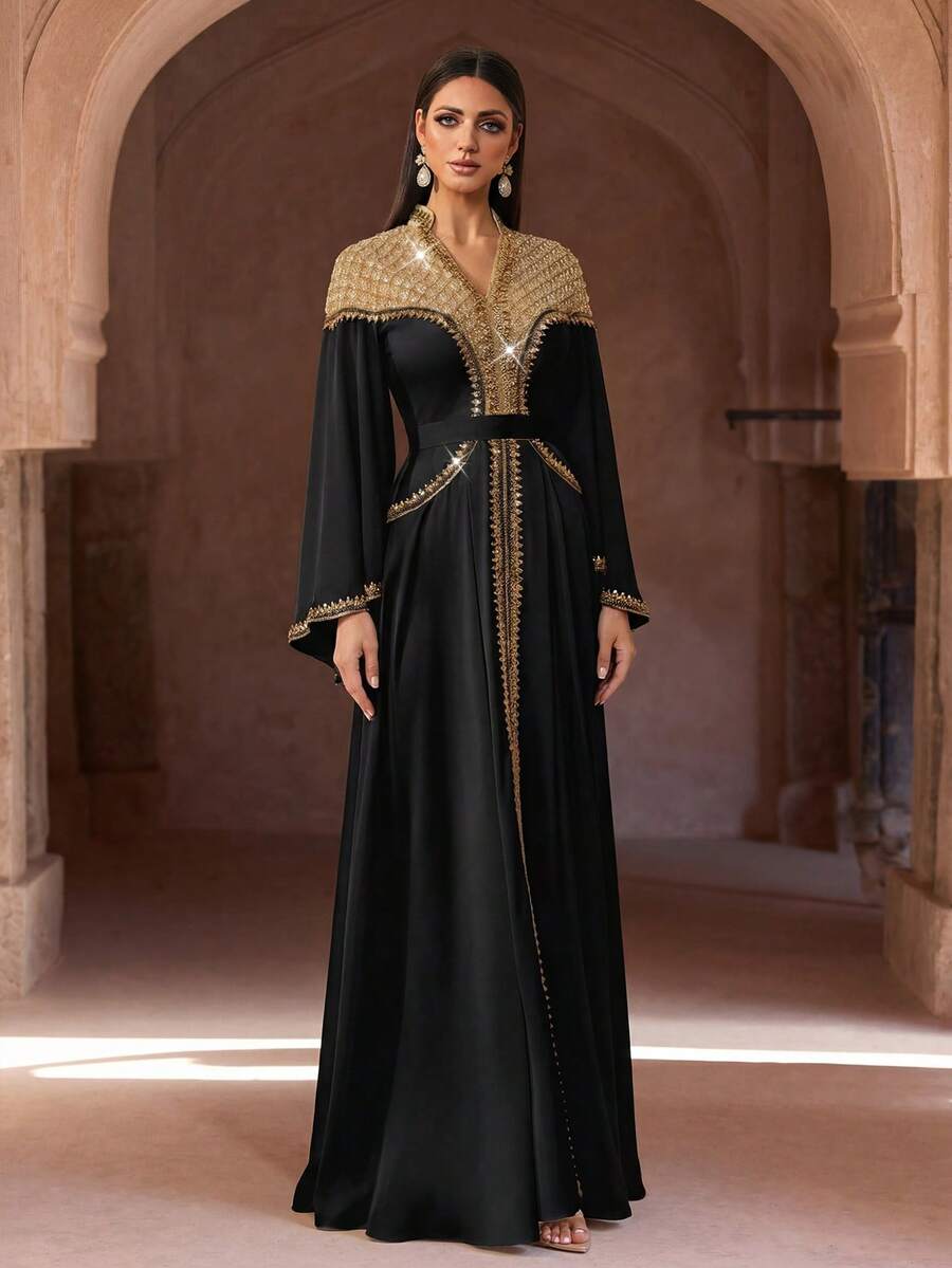Elegant Lime Green Embroidered Formal Long Robe, Decorated With Beaded Corset And Bell Sleeves, Arabic Long Robe, Suitable For Women, Party Robe, Muslim Evening Robe, Formal Robe, Modest And Decent Style - Black - View 1
