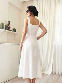 女士纯色休闲方领优雅可爱无袖中长连衣裙 白色 - 白色 - 查看 5