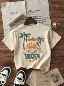 Tween Boys Casual Printed Crew Neck Short Sleeve T-Shirt, Summer Top - Apricot - View 4