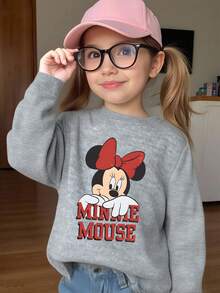 1pc Disney Minnie Mouse Retro Peeking Portrait Tween Girls' Vintage Sweatshirt, Comfortable & Versatile For School Days & Casual Meetups - Xám - Xem 2